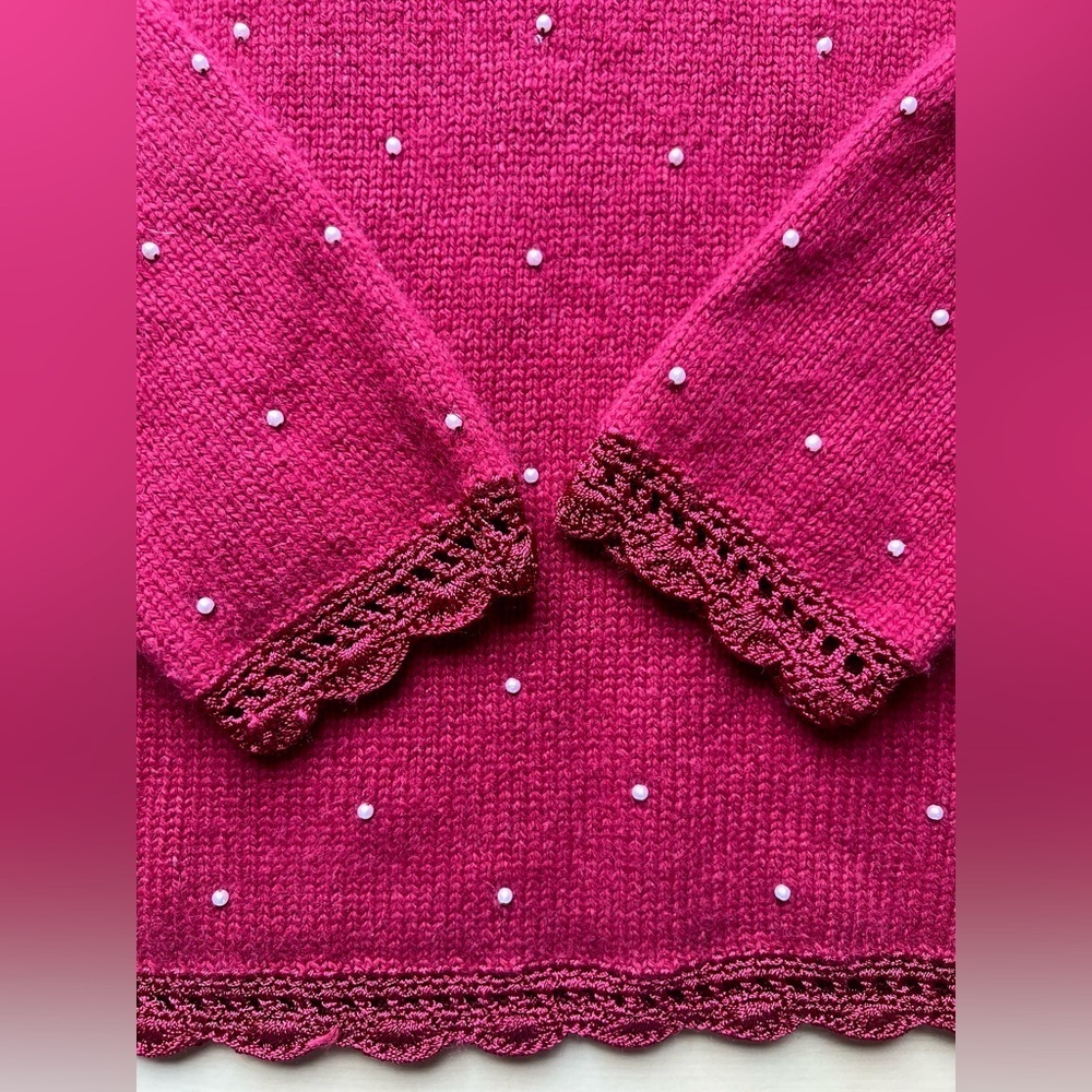 Vintage Angora-Silk Blend Burgundy Sweater with Embroidery and Pearls